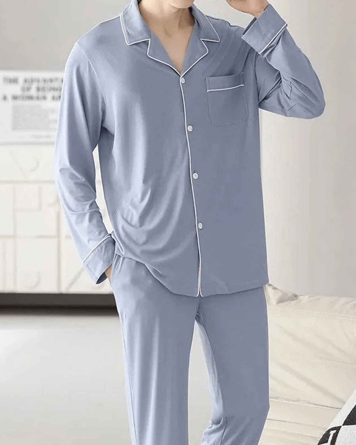 Sleep Wear Men's Modal Pajama Set with Turn-down Collar